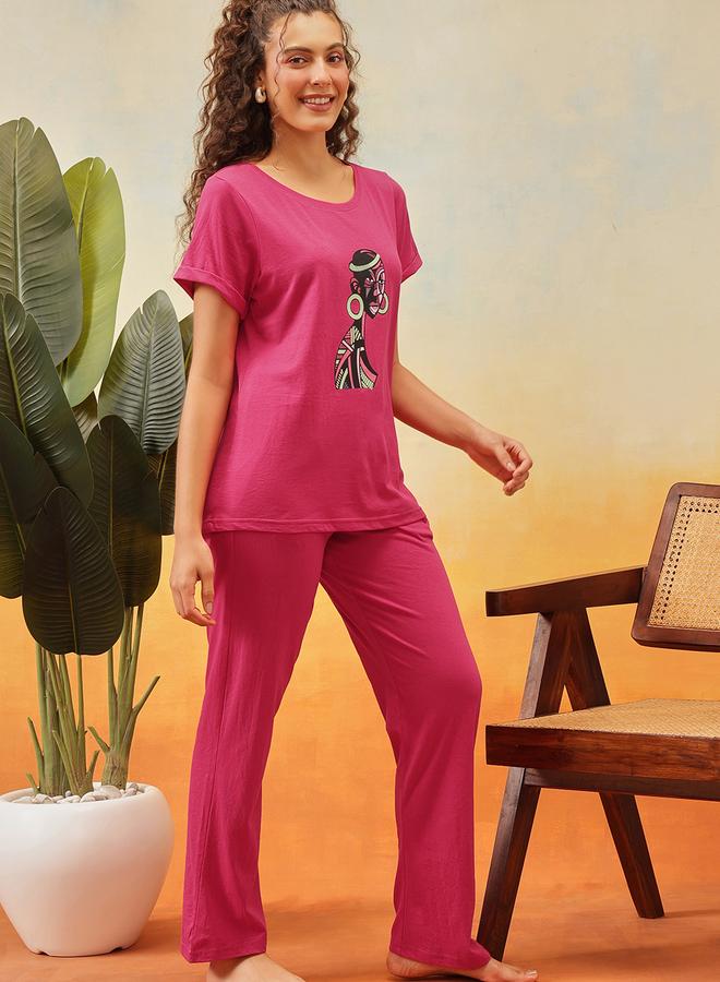 Clovia Cotton Graphic Print T-Shirt and Pyjama Set - Image 4